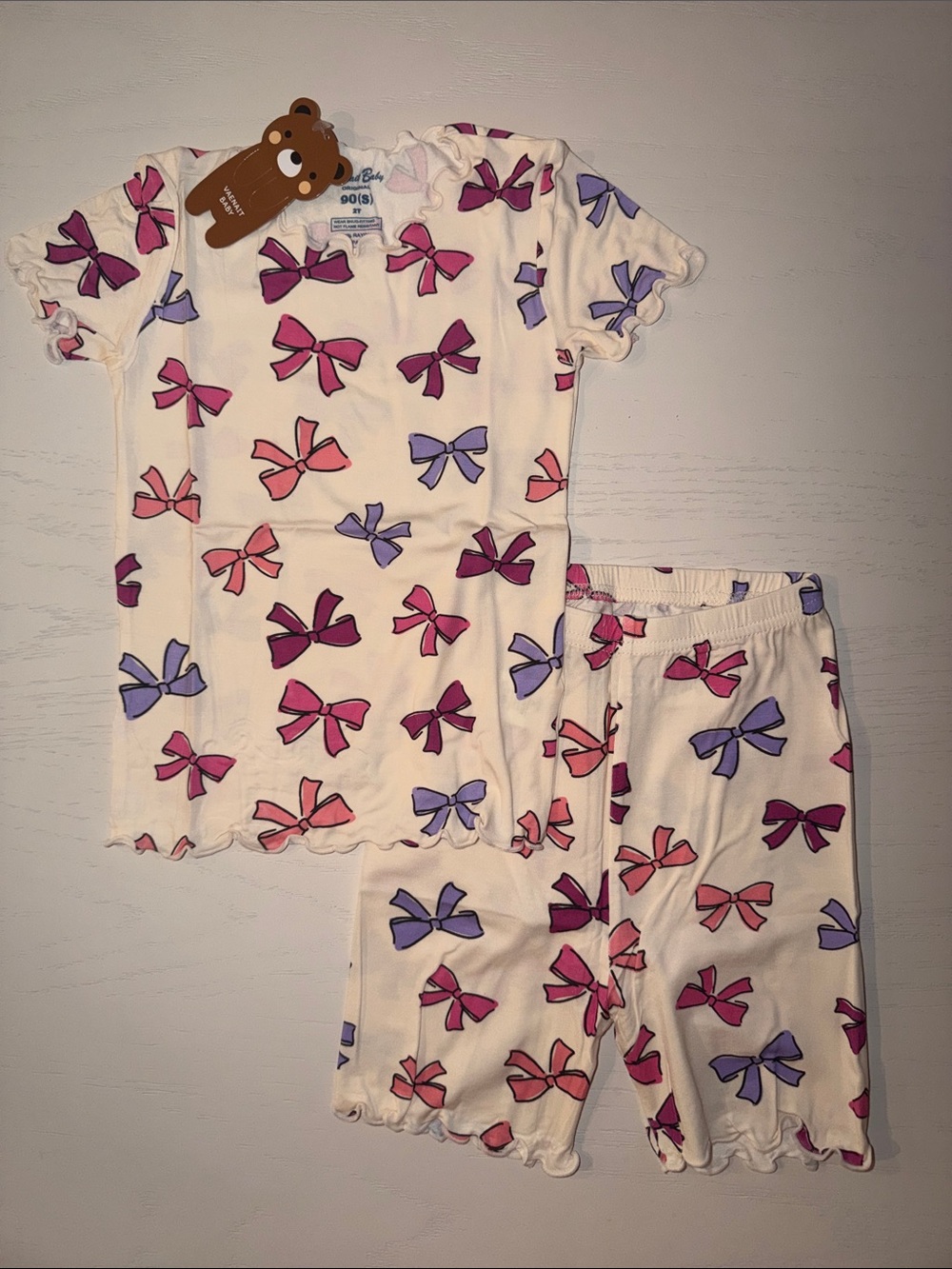 Girls Cream Bow Print Short Sleeve Pajama Set 2T 3T 4-5 6-7 - Picture 3 of 5